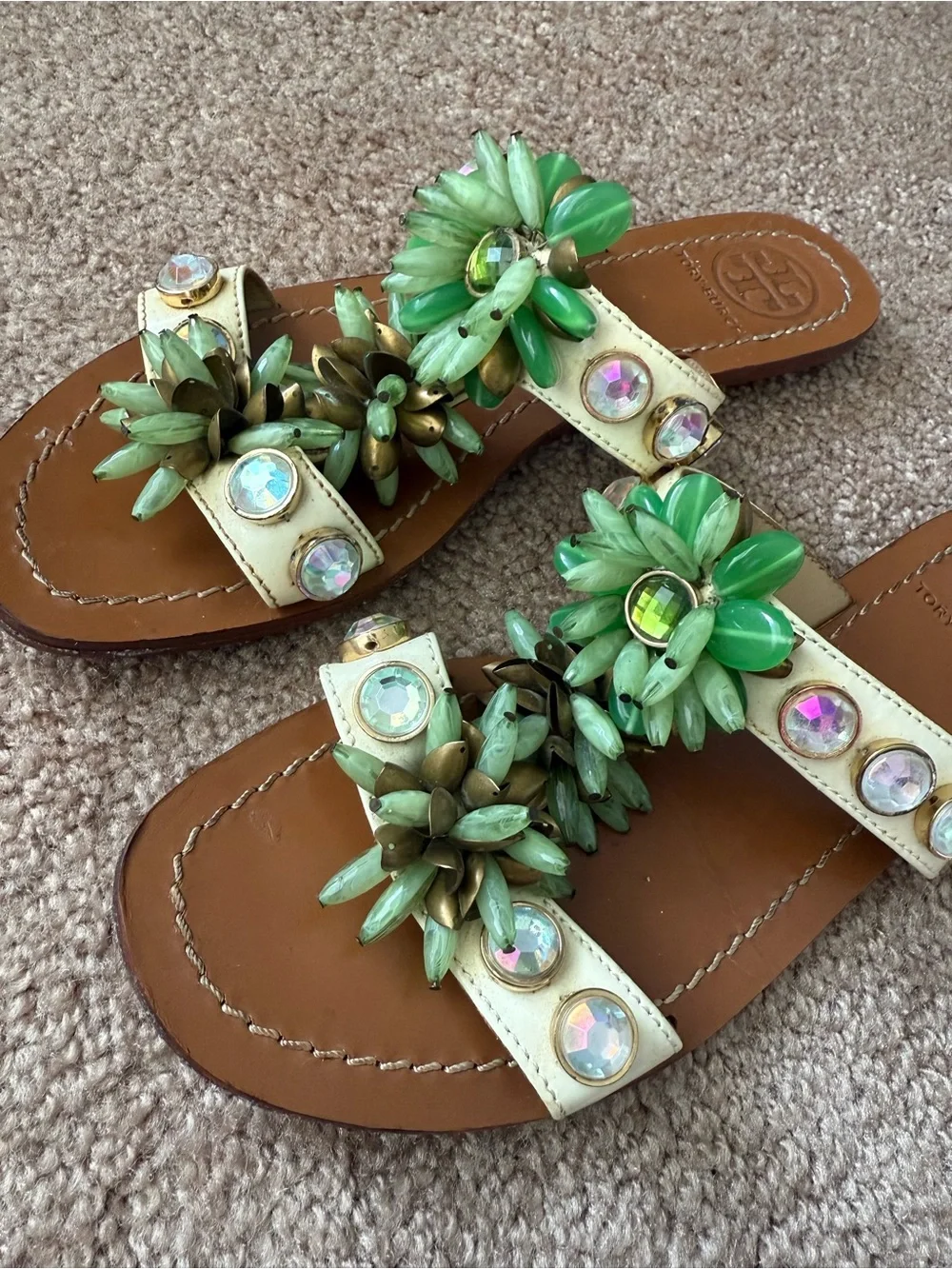 Tory Burch Sydney Leather Slides Sandals with Crystal Studs  Floral Accents